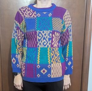 Vintage Worthington Patchwork Knit Sweater • Size S • Colorful Block Print